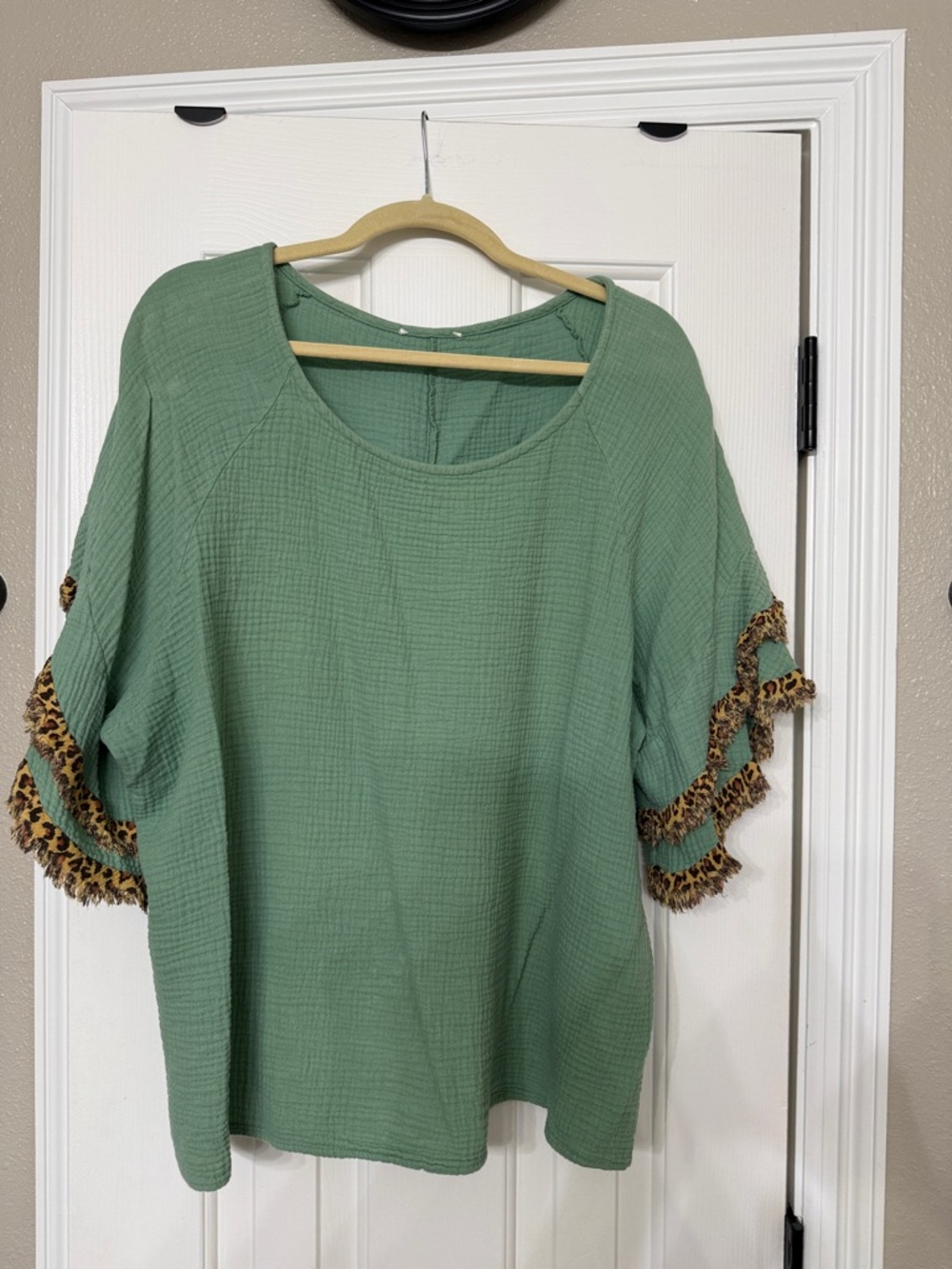 Green Ruffle Sleeve Women's Top with Leopard Trim